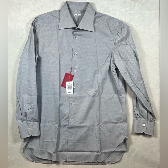 NWT Kiton 17.5 Spread Collar Barrel Cuff 100% Cotton Gray Navy Small Check Plaid - Picture 1 of 14